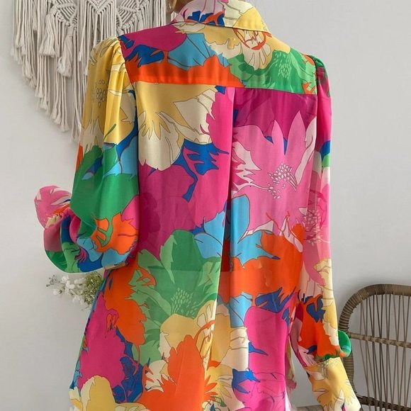 Pink Boho Womens Floral Print Puff Sleeve Shirt - Picture 2 of 5